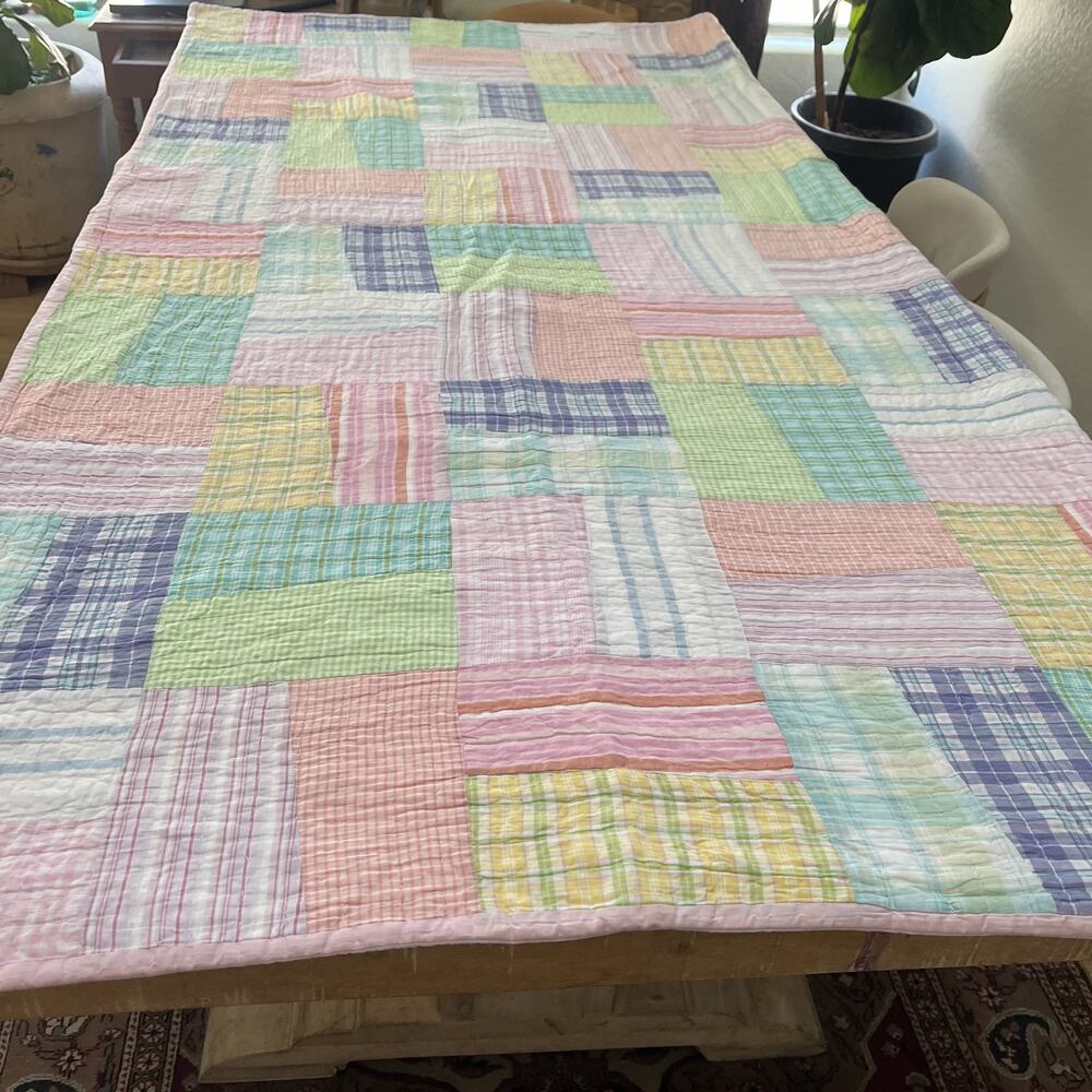 Handmade Quilt Colorful Plaid Patchwork Hand Quilted Bedspread 84" x 83"